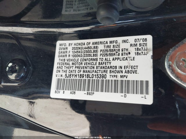 2008 Honda Element Sc მანქანა იყიდება აუქციონზე, vin: 5J6YH18918L015390, აუქციონის ნომერი: 45151397