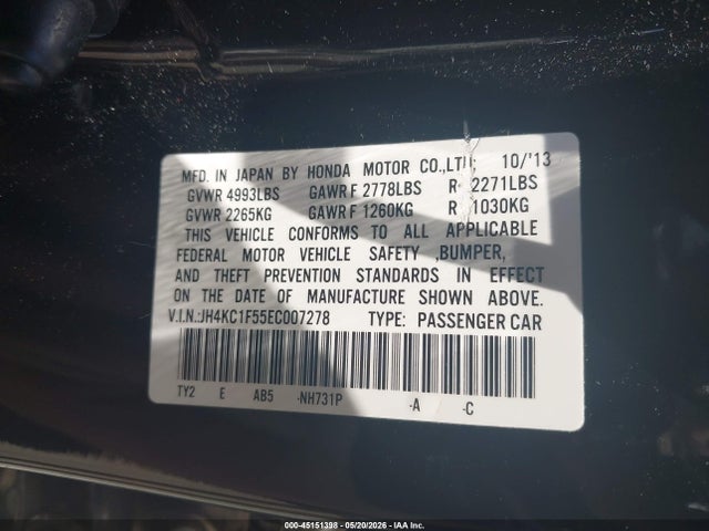 2014 Acura Rlx მანქანა იყიდება აუქციონზე, vin: JH4KC1F55EC007278, აუქციონის ნომერი: 45151398