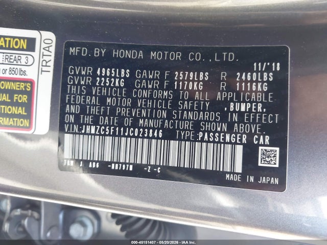 JHMZC5F11JC023846 Honda CLARITY PLUG-IN HYBRID