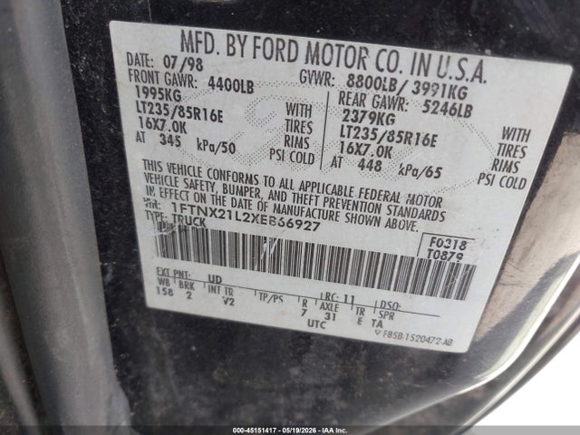 45151417 :رقم المزاد ، 1FTNX21L2XEB66927 vin ، 1999 Ford F-250 Lariat/xl/xlt مزاد بيع