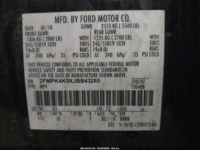 Aukcja sprzedaży 2018 Ford Edge Titanium, vin: 2FMPK4K9XJBB43285, numer aukcji: 45151419