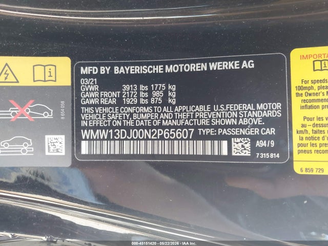 2022 Mini Se Hardtop Cooper მანქანა იყიდება აუქციონზე, vin: WMW13DJ00N2P65607, აუქციონის ნომერი: 45151420