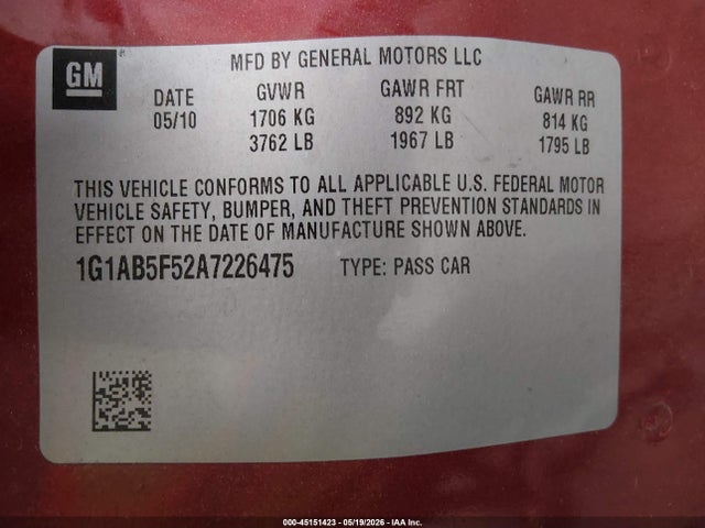 45151423 :رقم المزاد ، 1G1AB5F52A7226475 vin ، 2010 Chevrolet Cobalt Ls مزاد بيع