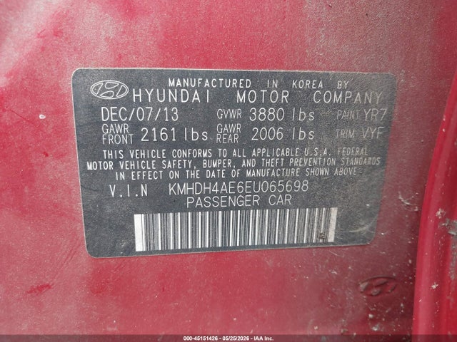 45151426 :رقم المزاد ، KMHDH4AE6EU065698 vin ، 2014 Hyundai Elantra Se مزاد بيع