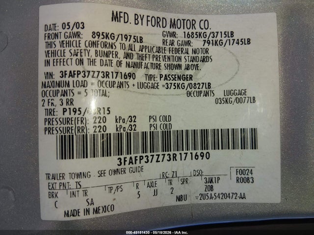 Продажа на аукционе авто 2003 Ford Focus Zx5, vin: 3FAFP37Z73R171690, номер лота: 45151430