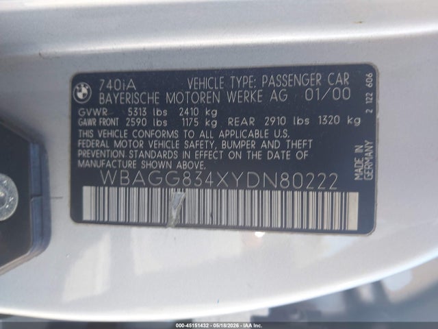 2000 Bmw 740ia მანქანა იყიდება აუქციონზე, vin: WBAGG834XYDN80222, აუქციონის ნომერი: 45151432