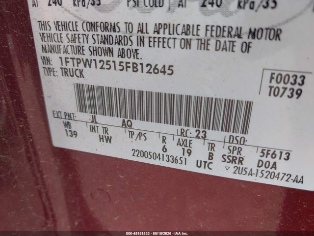 45151433 :رقم المزاد ، 1FTPW12515FB12645 vin ، 2005 Ford F-150 Lariat/xlt مزاد بيع