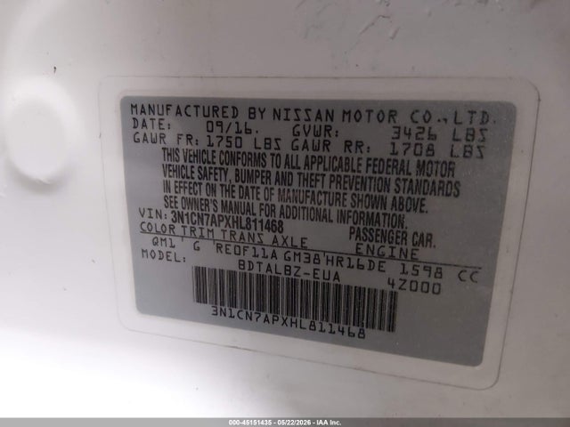 3N1CN7APXHL811468 Nissan Versa 1.6 Sv
