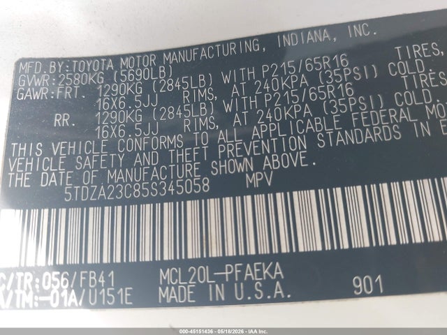 45151436 :رقم المزاد ، 5TDZA23C85S345058 vin ، 2005 Toyota Sienna Le مزاد بيع
