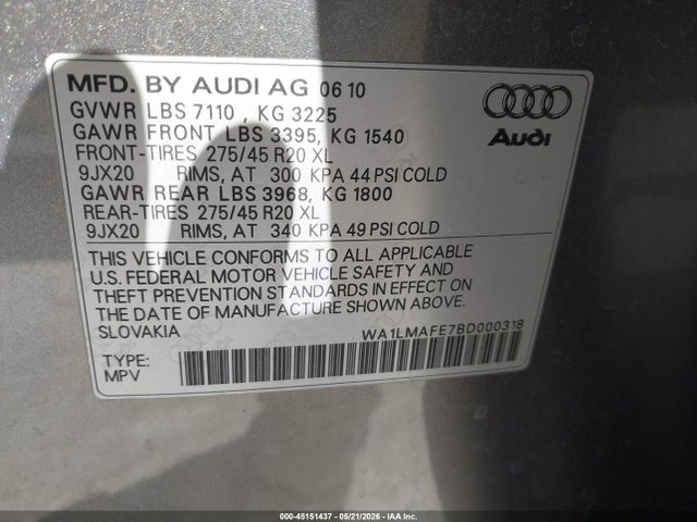 45151437 :رقم المزاد ، WA1LMAFE7BD000318 vin ، 2011 Audi Q7 3.0 Tdi Premium مزاد بيع