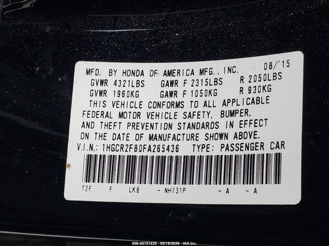 Продажа на аукционе авто 2015 Honda Accord Ex-l, vin: 1HGCR2F80FA265436, номер лота: 45151438
