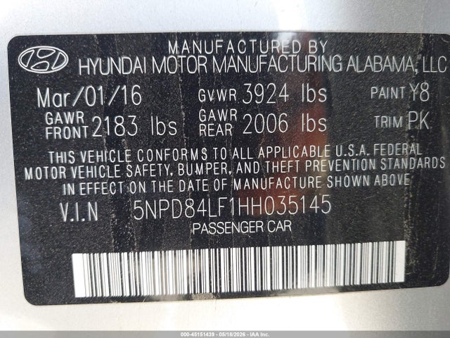 5NPD84LF1HH035145 Hyundai Elantra Limited