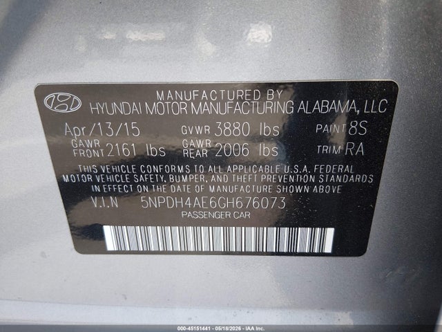 2016 Hyundai Elantra Se მანქანა იყიდება აუქციონზე, vin: 5NPDH4AE6GH676073, აუქციონის ნომერი: 45151441