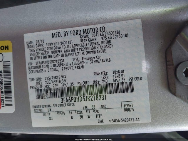 45151445 :رقم المزاد ، 3FA6P0HD5JR218231 vin ، 2018 Ford Fusion Se مزاد بيع