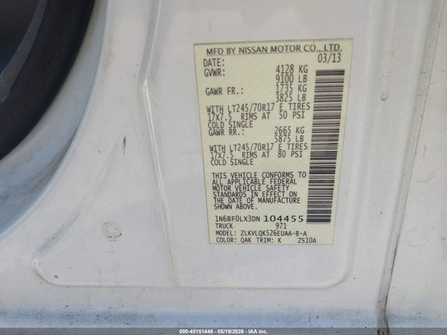 Aukcja sprzedaży 2013 Nissan Nv Cargo Nv2500 Hd S V6, vin: 1N6BF0LX3DN104455, numer aukcji: 45151446