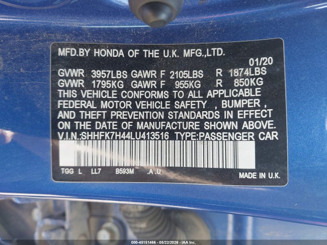 SHHFK7H44LU413516 Honda Civic Sport
