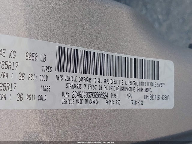 45151469 :رقم المزاد ، 2C4RDGBG7KR500924 vin ، 2019 Dodge Grand Caravan Se مزاد بيع