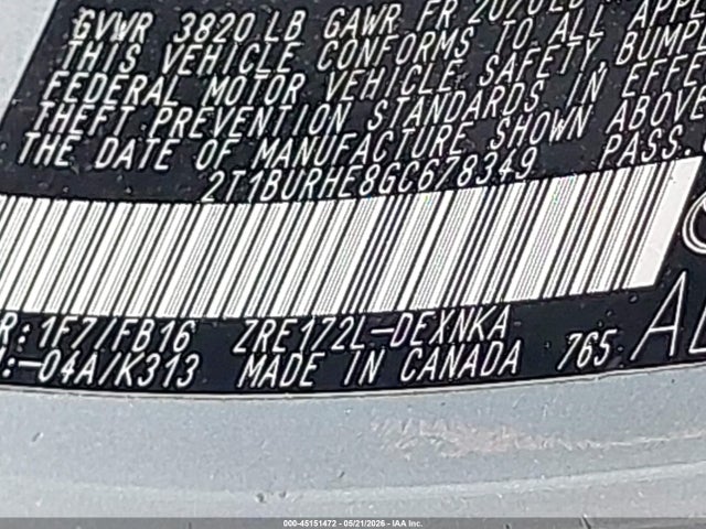 Продажа на аукционе авто 2016 Toyota Corolla Le, vin: 2T1BURHE8GC678349, номер лота: 45151472
