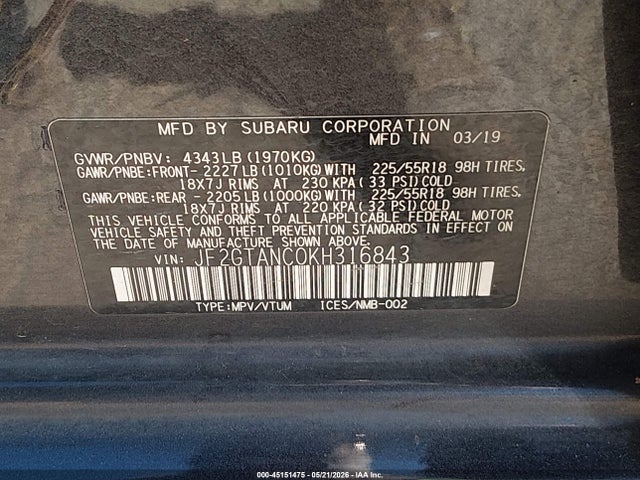 45151475 :رقم المزاد ، JF2GTANC0KH316843 vin ، 2019 Subaru Crosstrek 2.0i Limited مزاد بيع