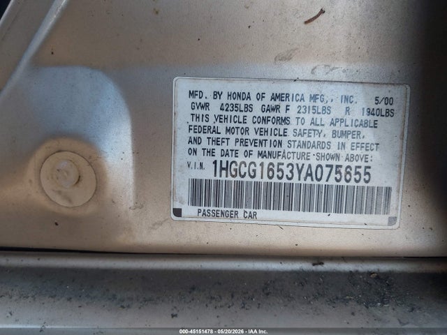 Aukcja sprzedaży 2000 Honda Accord 3.0 Ex, vin: 1HGCG1653YA075655, numer aukcji: 45151478