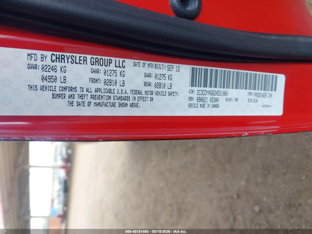 Aukcja sprzedaży 2013 Dodge Challenger Sxt Plus, vin: 2C3CDYAG6DH531060, numer aukcji: 45151480