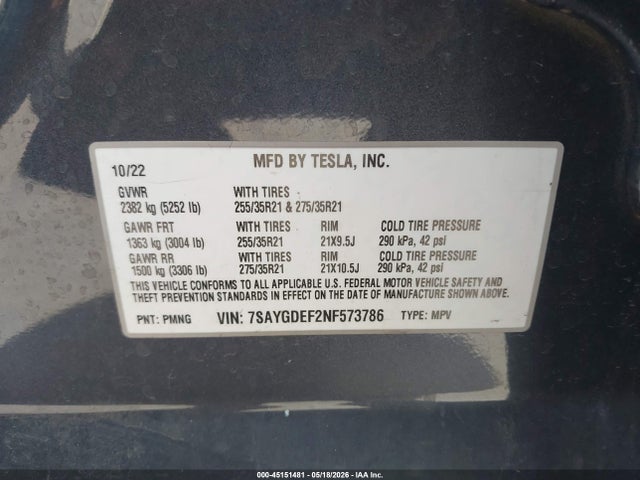 Продажа на аукционе авто 2022 Tesla Model Y Performance Dual Motor All-wheel Drive, vin: 7SAYGDEF2NF573786, номер лота: 45151481