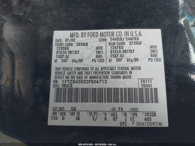Продаж на аукціоні авто 2002 Ford Ranger Edge/xlt, vin: 1FTZR45E02PB06712, номер лоту: 45151482