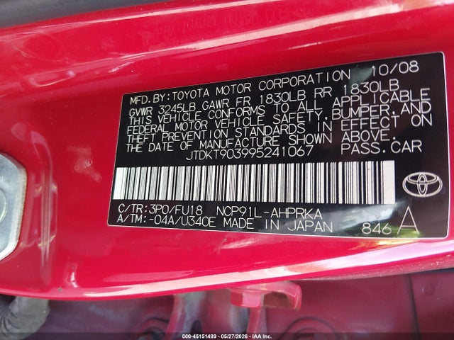 Продажа на аукционе авто 2009 Toyota Yaris, vin: JTDKT903995241067, номер лота: 45151489