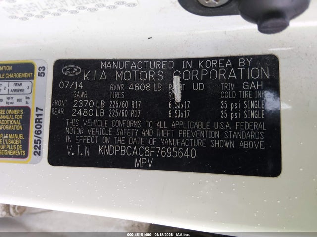 2015 Kia Sportage Lx მანქანა იყიდება აუქციონზე, vin: KNDPBCAC8F7695640, აუქციონის ნომერი: 45151490