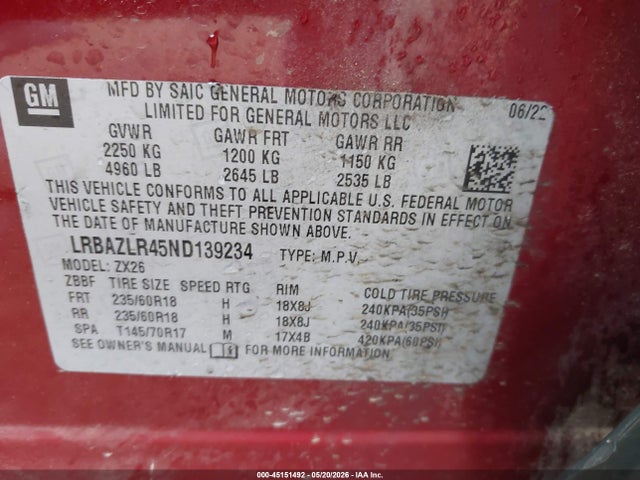 Aukcja sprzedaży 2022 Buick Envision Fwd Preferred, vin: LRBAZLR45ND139234, numer aukcji: 45151492