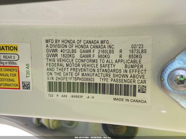 Honda Civic Ex/ex W/o Bsi 2023 2HGFE1F76PH308903 Image 9