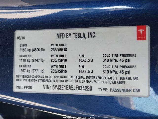 Продажа на аукционе авто 2018 Tesla Model 3 Long Range/mid Range, vin: 5YJ3E1EA5JF034220, номер лота: 45151497