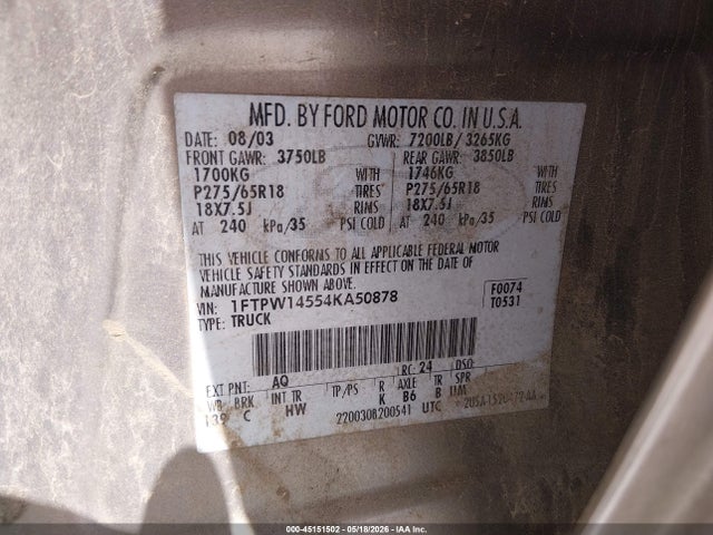45151502 :رقم المزاد ، 1FTPW14554KA50878 vin ، 2004 Ford F-150 Fx4/lariat/xlt مزاد بيع
