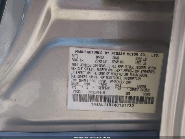 2004 Nissan Altima 2.5 S მანქანა იყიდება აუქციონზე, vin: 1N4AL11D74C131732, აუქციონის ნომერი: 45151504