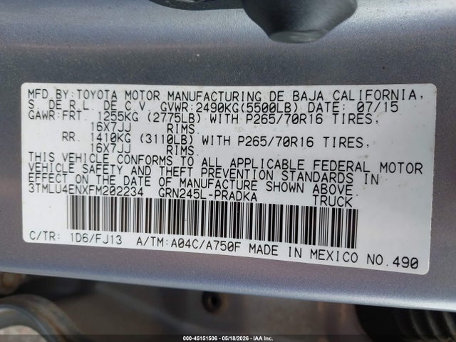 Продажа на аукционе авто 2015 Toyota Tacoma Base V6/trd Pro, vin: 3TMLU4ENXFM202234, номер лота: 45151506