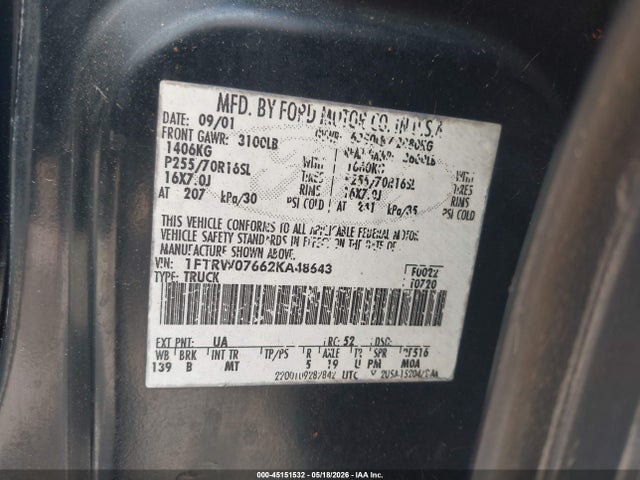 Продаж на аукціоні авто 2002 Ford F-150 Lariat/xlt, vin: 1FTRW07662KA48643, номер лоту: 45151532