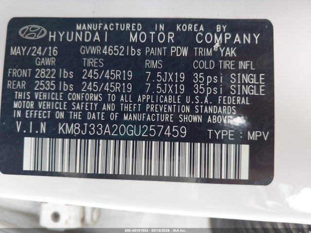 45151554 :رقم المزاد ، KM8J33A20GU257459 vin ، 2016 Hyundai Tucson Sport مزاد بيع