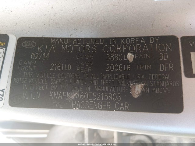 2014 Kia Forte Lx მანქანა იყიდება აუქციონზე, vin: KNAFK4A60E5215903, აუქციონის ნომერი: 45151555