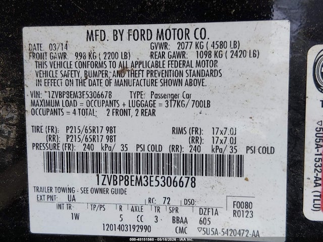 45151560 :رقم المزاد ، 1ZVBP8EM3E5306678 vin ، 2014 Ford Mustang V6 مزاد بيع