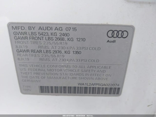 Продажа на аукционе авто 2016 Audi Q5 2.0t Premium, vin: WA1L2AFP5GA022074, номер лота: 45151563
