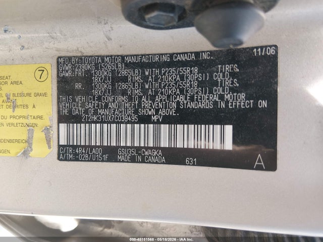 45151568 :رقم المزاد ، 2T2HK31UX7C039495 vin ، 2007 Lexus Rx 350 مزاد بيع