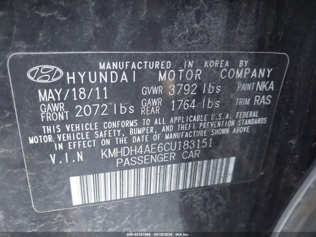 Aukcja sprzedaży 2012 Hyundai Elantra Gls (ulsan Plant), vin: KMHDH4AE6CU183151, numer aukcji: 45151569