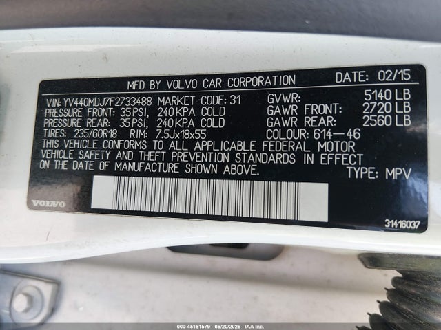 Aukcja sprzedaży 2015 Volvo Xc60 T5, vin: YV440MDJ7F2733488, numer aukcji: 45151579