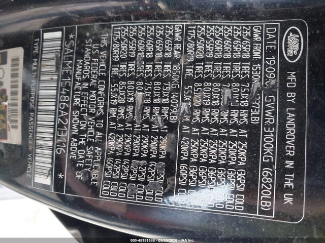 45151588 :رقم المزاد ، SALME15486A213116 vin ، 2006 Land Rover Range Rover Hse مزاد بيع