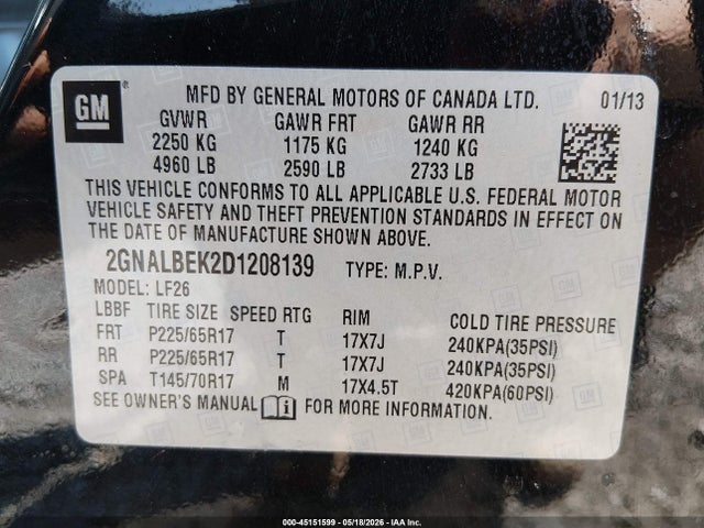 Продажа на аукционе авто 2013 Chevrolet Equinox Ls, vin: 2GNALBEK2D1208139, номер лота: 45151599