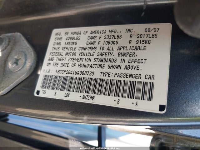 2008 Honda Accord 2.4 Lx-p მანქანა იყიდება აუქციონზე, vin: 1HGCP26418A008730, აუქციონის ნომერი: 45151600