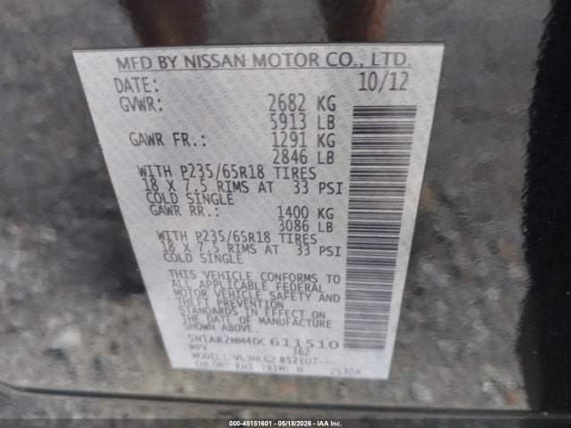 Aukcja sprzedaży 2013 Nissan Pathfinder Sl, vin: 5N1AR2MM4DC611510, numer aukcji: 45151601