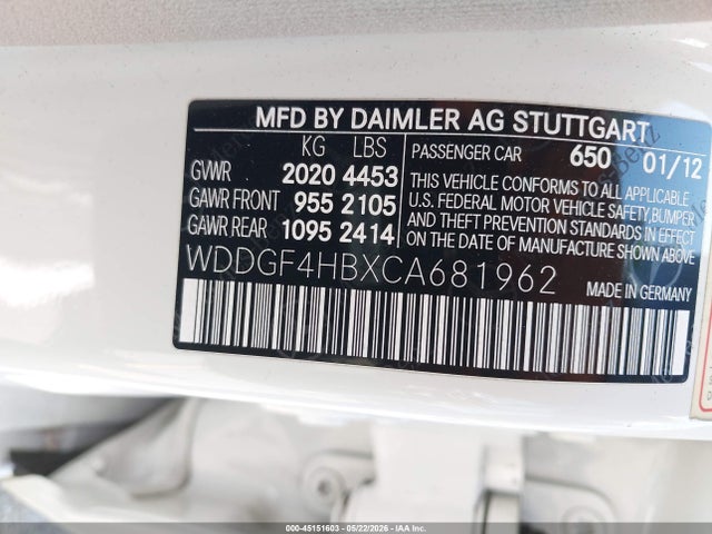 2012 Mercedes-benz C 250 Luxury/sport მანქანა იყიდება აუქციონზე, vin: WDDGF4HBXCA681962, აუქციონის ნომერი: 45151603