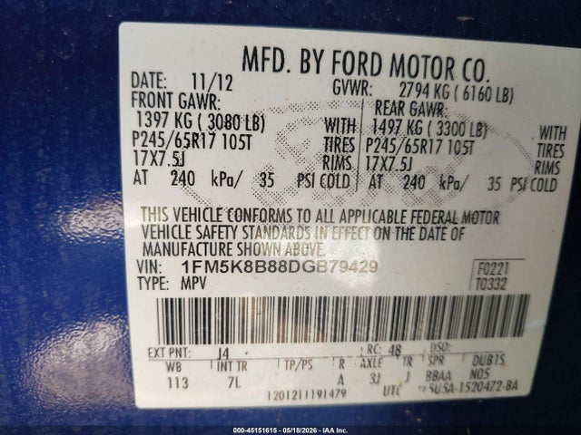 2013 Ford Explorer მანქანა იყიდება აუქციონზე, vin: 1FM5K8B88DGB79429, აუქციონის ნომერი: 45151615