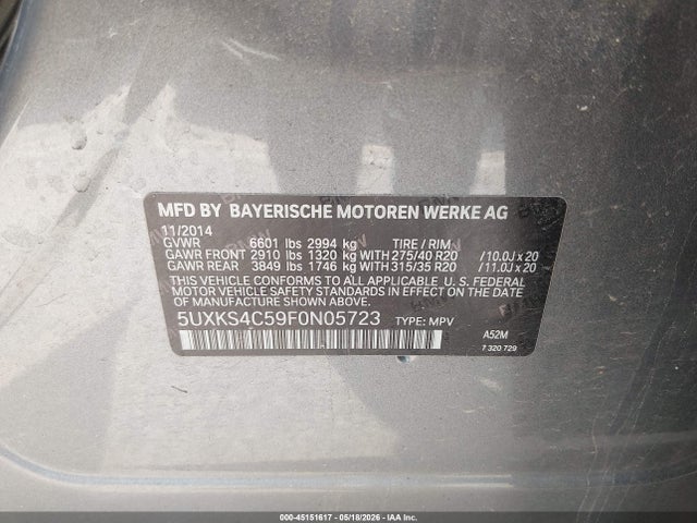 Продаж на аукціоні авто 2015 Bmw X5 Xdrive35d, vin: 5UXKS4C59F0N05723, номер лоту: 45151617